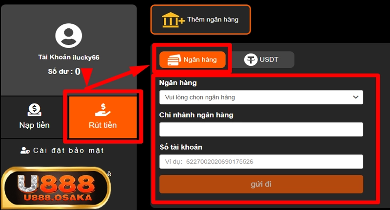 Cách rút tiền U888 qua ngân hàng nội địa